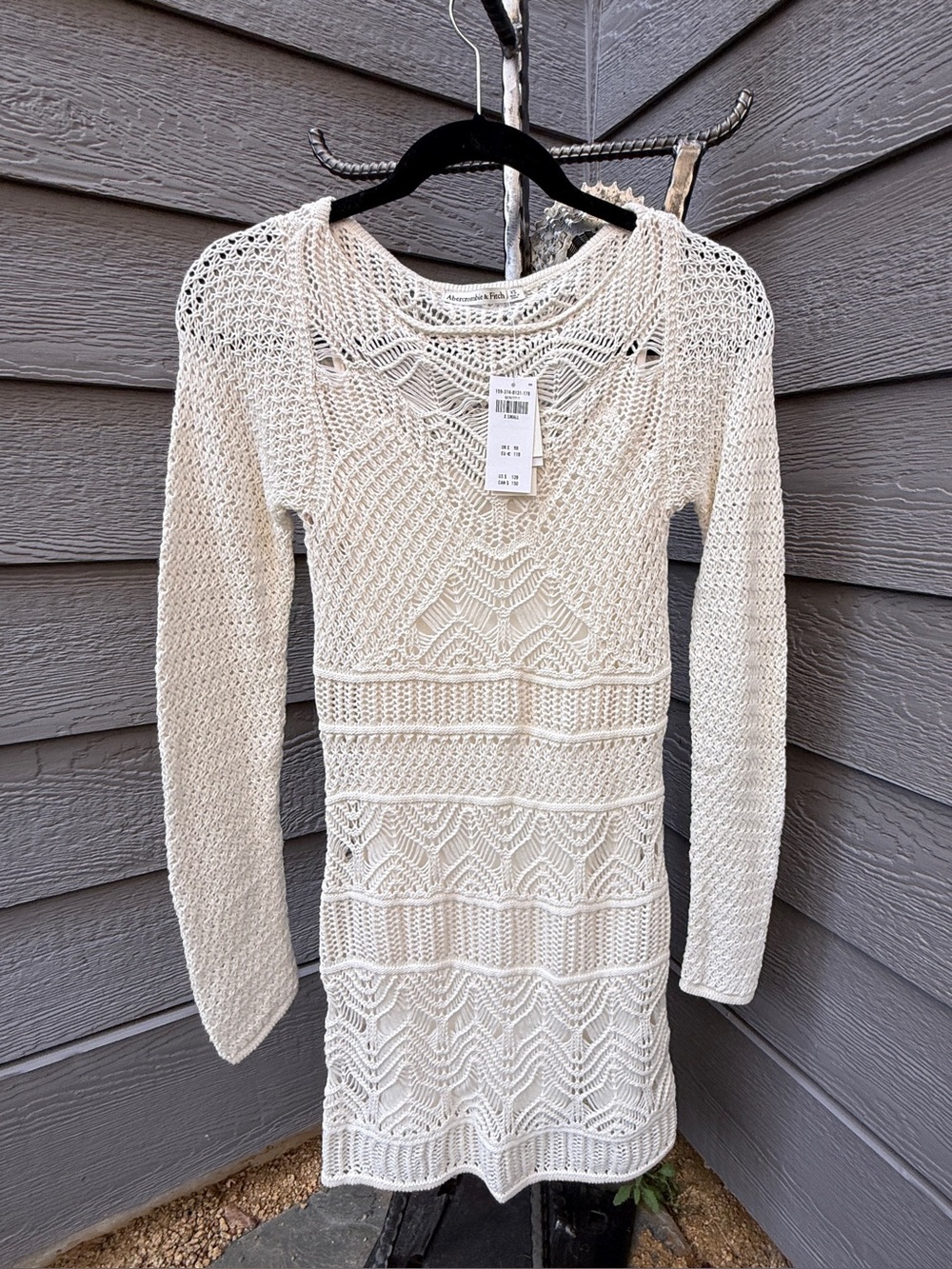 Abercrombie & Fitch Cream Long-Sleeve Crochet-Style Mini Dress, NWT, XS